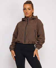 Chocolate Cropped Hooded Windbreaker with Drawstring Hem