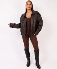 Chocolate Faux Leather Biker Jacket With High Neck Collar