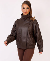 Chocolate Faux Leather Biker Jacket With High Neck Collar