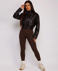 Chocolate Faux Leather Bomber Jacket With Ribbed Hem