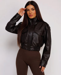 Chocolate Faux Leather Bomber Jacket With Ribbed Hem