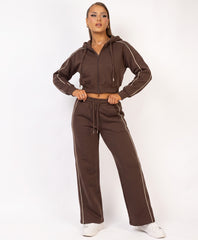 Chocolate Piping Trim Cropped Zip-Up Hoodie & Wide Leg Jogger Co-Ord Set