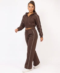 Chocolate Piping Trim Cropped Zip-Up Hoodie & Wide Leg Jogger Co-Ord Set