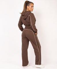 Chocolate Piping Trim Cropped Zip-Up Hoodie & Wide Leg Jogger Co-Ord Set