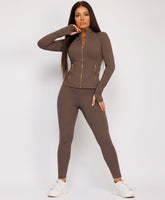 Chocolate Sport Gold Zip Gym Jacket Leggings Set