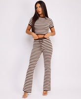 Chocolate Striped Knit Cropped T-Shirt Flare Trousers