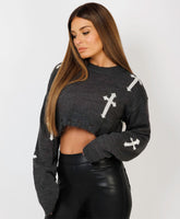 Cross-Pattern-Oversized-Cropped-Knitted-Jumper-Charcoal Grey-1
