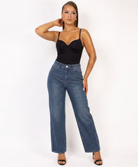 Denim Blue Rhinestone Embellished Wide Leg Jeans