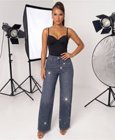 Denim Blue Rhinestone Embellished Wide Leg Jeans