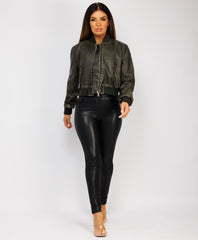 Khaki Cropped Distressed Vegan Leather Oversized Bomber Jacket