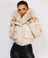 Beige-Vegan-Leather-Faux-Fur-Trim-Hooded-Bomber-Jacket-2