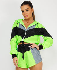 Neon Green Colour Block Jacket & Shorts Festival Co Ord