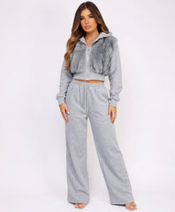 Grey Faux Fur Zip-Up Hoodie Wide Leg Jogger Co-Ord