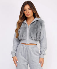 Grey Faux Fur Zip-Up Hoodie Wide Leg Jogger Co-Ord