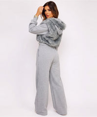 Grey Faux Fur Zip-Up Hoodie Wide Leg Jogger Co-Ord