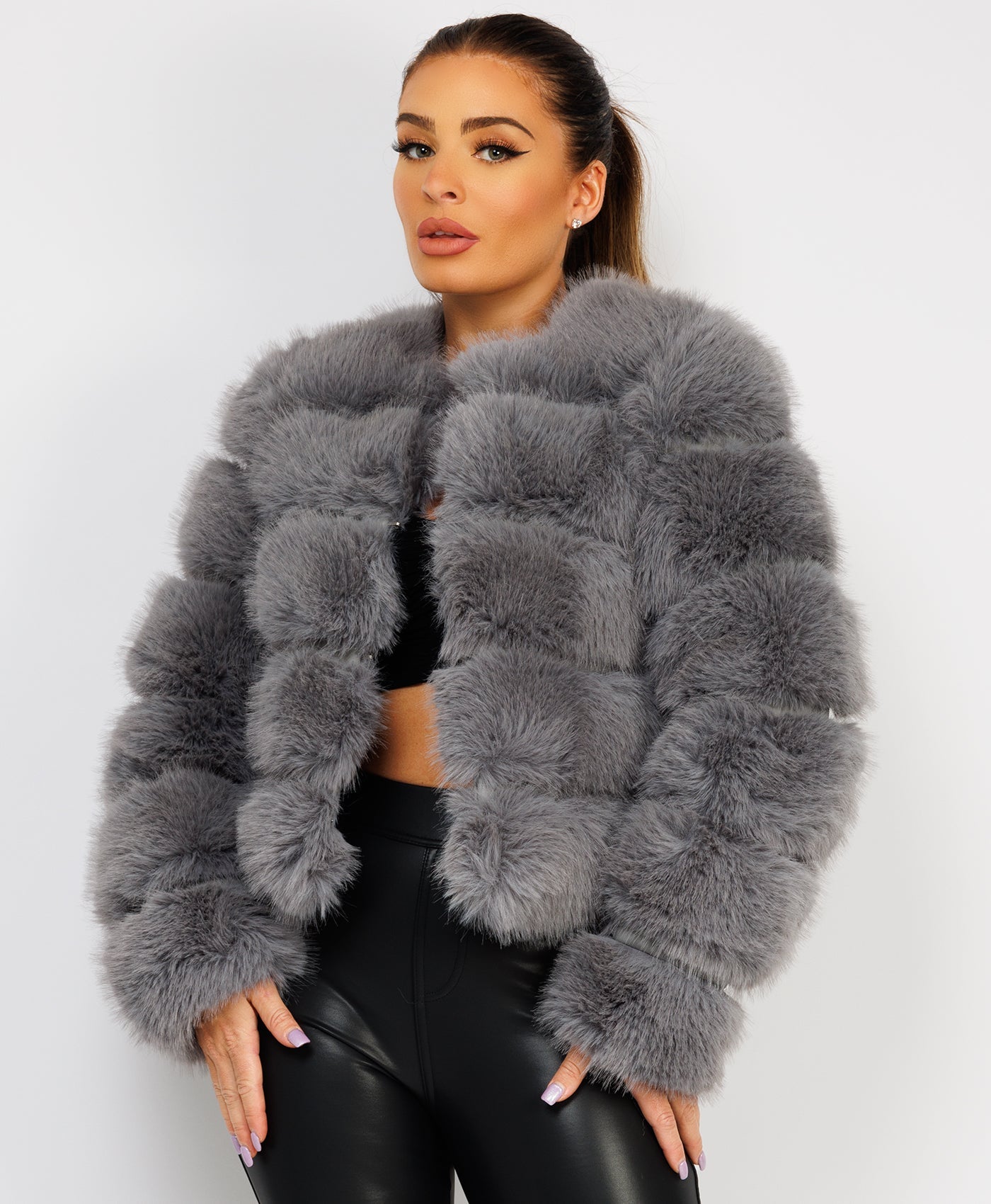 Grey Faux Fur Tiered Panel Premium Coat Jacket –