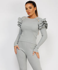 Satin-Puff-Sleeve-Ribbed-Set-Grey-4
