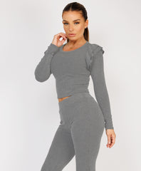 Light Grey Ribbed Frill Shoulder Long Sleeve Top & Flared Trouser Set