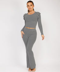 Light Grey Ribbed Frill Shoulder Long Sleeve Top & Flared Trouser Set