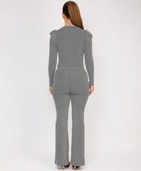 Light Grey Ribbed Frill Shoulder Long Sleeve Top & Flared Trouser Set