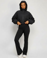 Black Cropped Hooded Windbreaker Jacket with Zip Fastening and Drawstring Hem