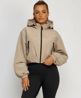 Beige Cropped Hooded Windbreaker with Drawstring Hem