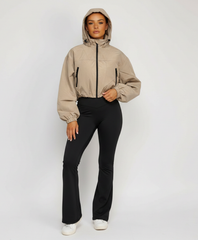 Beige Cropped Hooded Windbreaker Jacket with Zip Fastening and Drawstring Hem