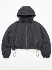 Black Cropped Hooded Windbreaker Jacket with Zip Fastening and Drawstring Hem