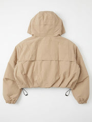 Beige Cropped Hooded Windbreaker Jacket with Zip Fastening and Drawstring Hem