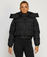 Black Cropped Hooded Puffer Jacket with Oversized Hood & Utility Pocket Detail