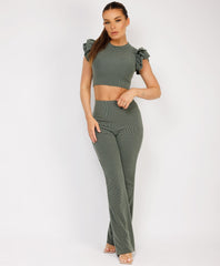 Satin-Puff-Sleeve-Ribbed-Set-Khaki-1