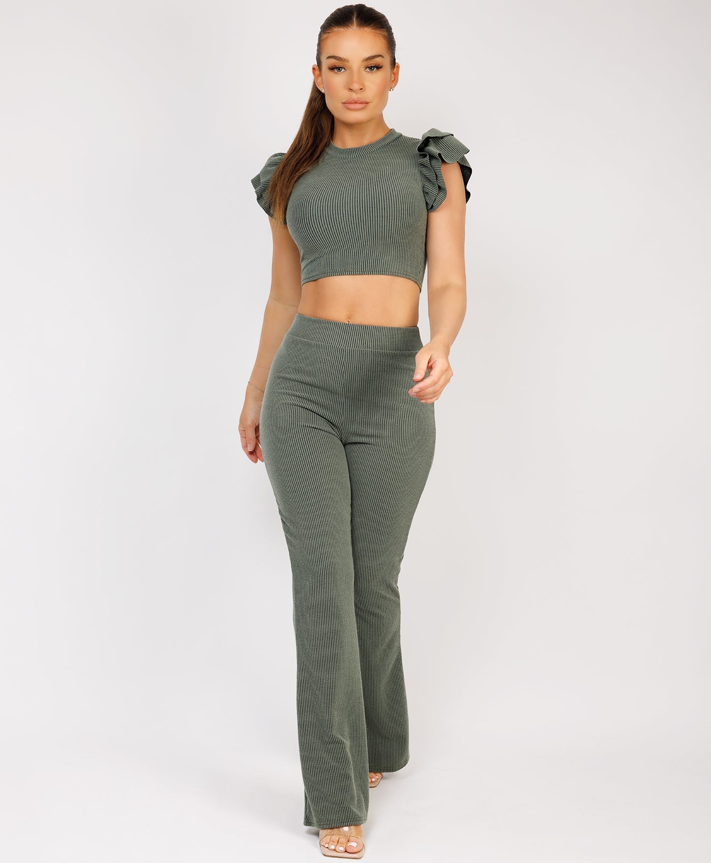 Satin-Puff-Sleeve-Ribbed-Set-Khaki-3