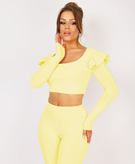 Lemon Frill Shoulder Long Sleeve Slinky Top And Trousers Loungewear Set