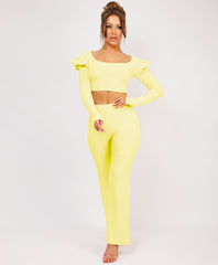 Lemon Frill Shoulder Long Sleeve Slinky Top And Trousers Loungewear Set
