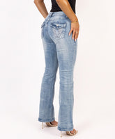 Light Blue Wash Flare Jeans Angel Wing Back Pockets
