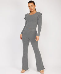 Light Grey Ribbed Frill Shoulder Long Sleeve Top & Flared Trouser Set