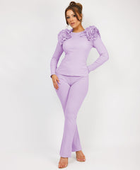 Ruffle-Shoulder-Sleeve-Ribbed-Set-Lilac-1