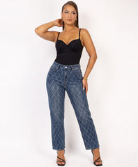 Mid Blue Wash High Rise Jeans With Diamond Rhinestone Embellishment