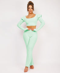 Mint Frill Shoulder Long Sleeve Slinky Top And Trousers Loungewear Set
