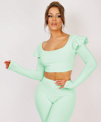 Mint Frill Shoulder Long Sleeve Slinky Top And Trousers Loungewear Set