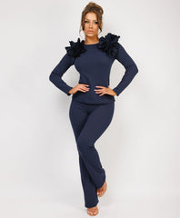 Ruffle-Shoulder-Sleeve-Ribbed-Set-Navy-3