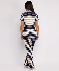 Navy Striped Knit Cropped T-Shirt Flare Trousers
