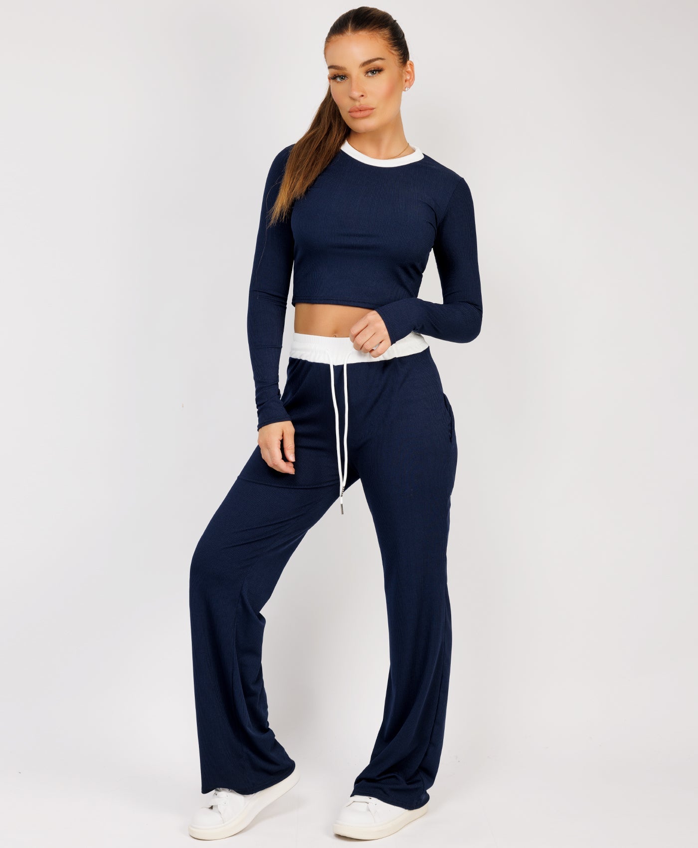 Ribbed-Two-Tone-Long-Sleeve-Flare-Trousers-Navy