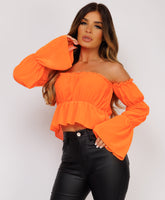 Neon Orange Bardot Ruffle Frill Ruched Crop Top