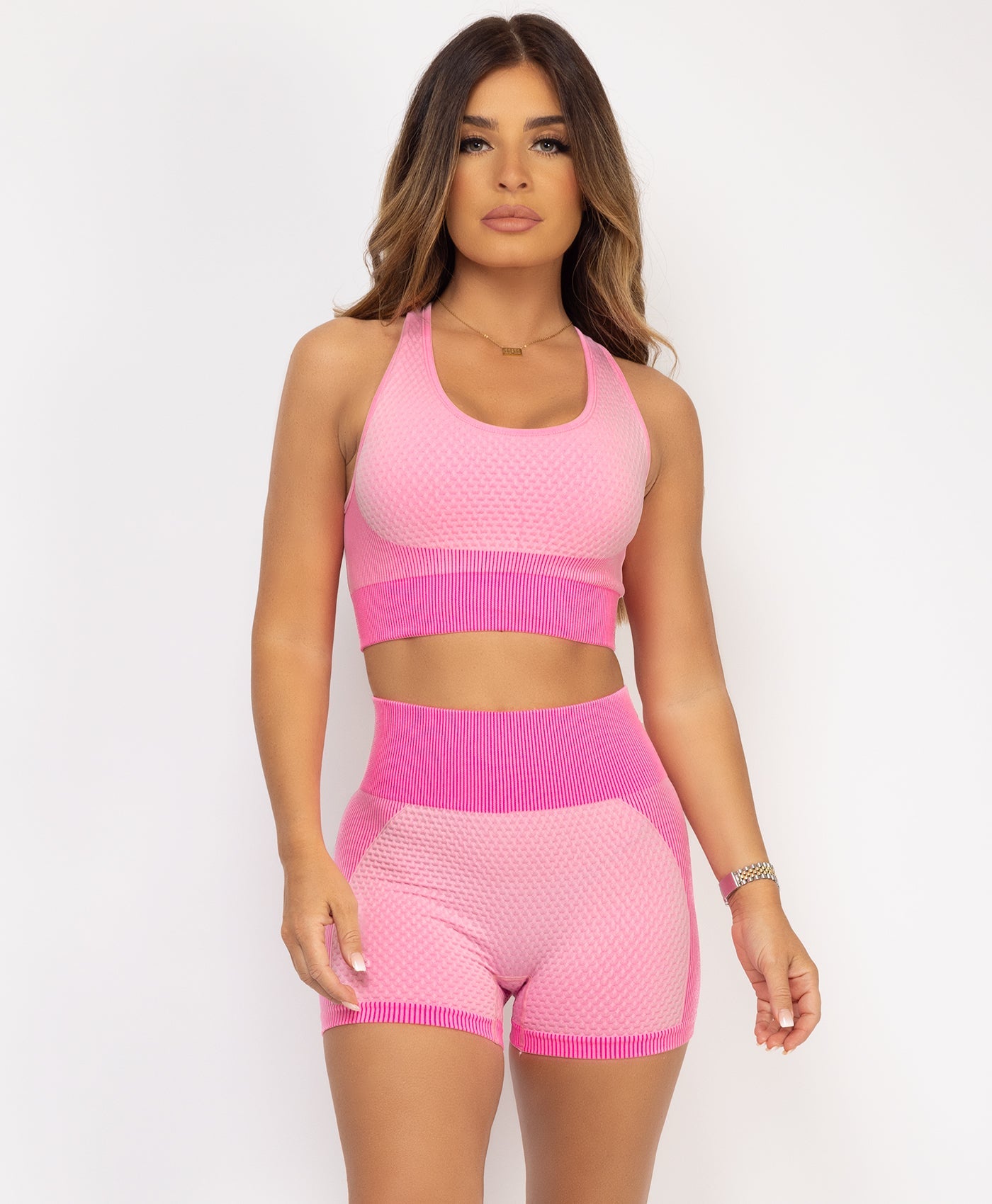 Satin-Puff-Sleeve-Ribbed-Set-Neon Pink-3