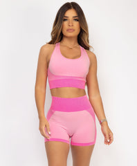Satin-Puff-Sleeve-Ribbed-Set-Neon Pink-3