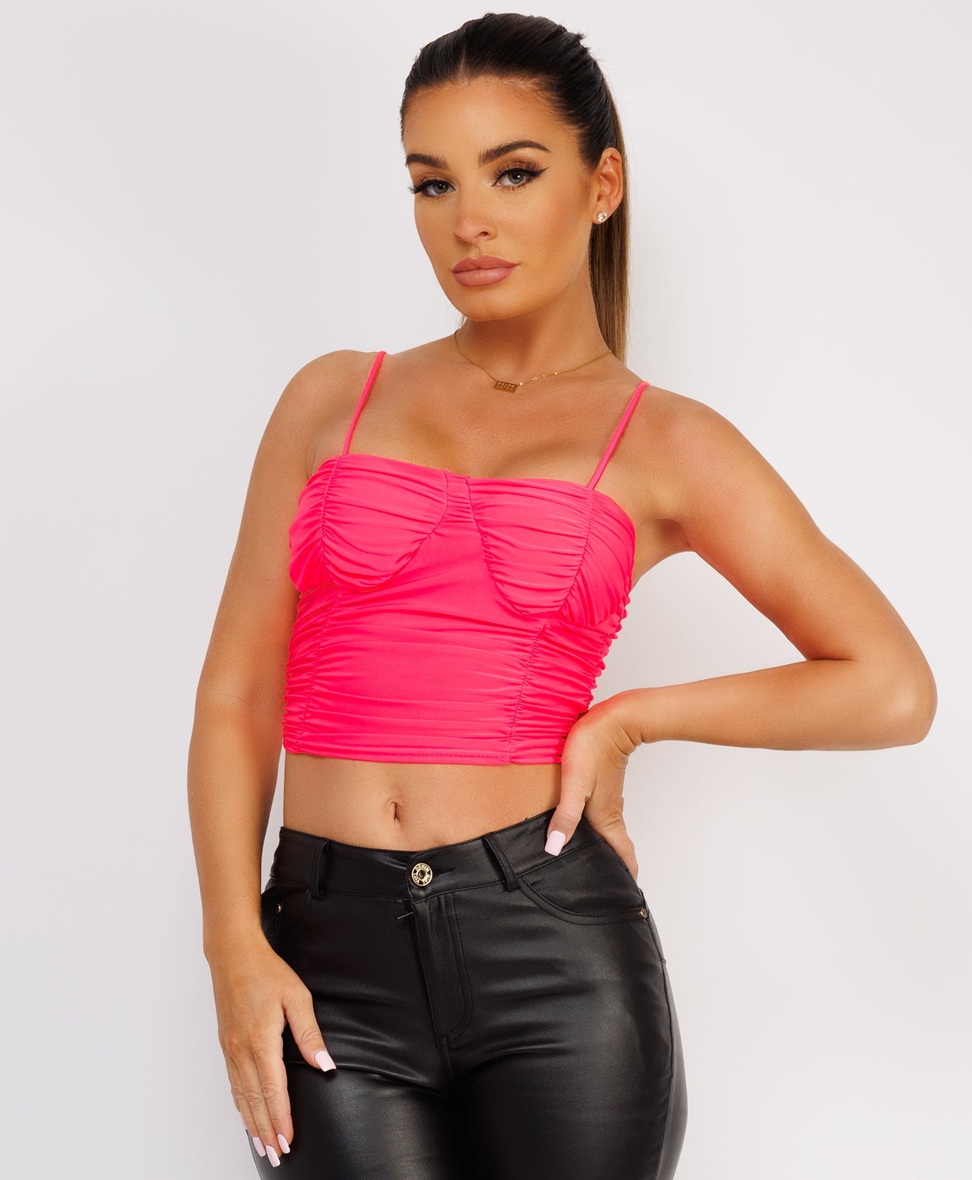 Ruffle-Shoulder-Sleeve-Ribbed-Set-Neon Pink-3