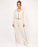 Oatmeal Piping Detail Zip-Up Crop Hoodie & Wide Leg Jogger Co-Ord Tracksuit Set