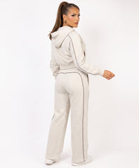Oatmeal Piping Trim Cropped Zip-Up Hoodie & Wide Leg Jogger Co-Ord Set