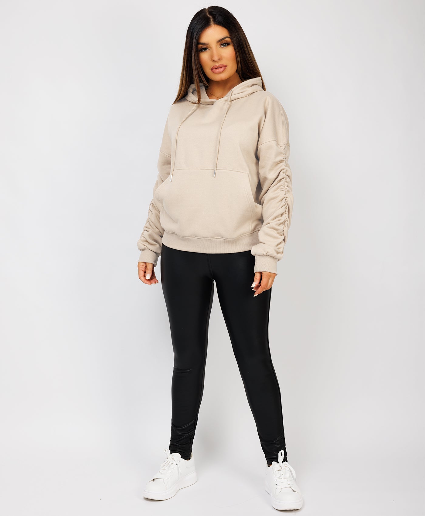 Ruched-Sleeve-Oversized-Fit-Hoodie-Oatmeal-4